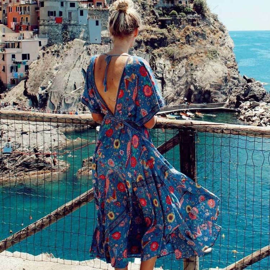 Dresses Boho Beach Hut Beach | Boho Beach Hut Dresses Boho Floral Print V Neck Maxi Dress Blue