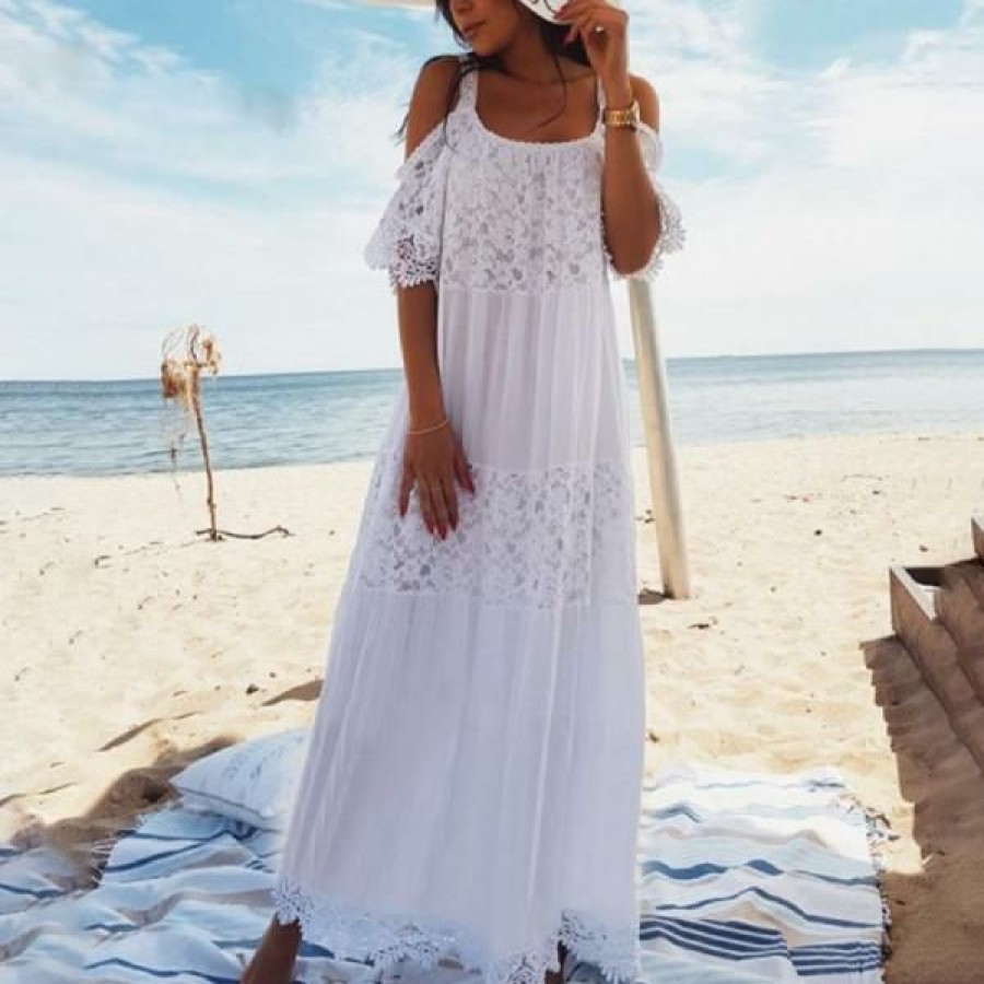 Swim Boho Beach Hut Beach | Boho Beach Hut Boho Lace Open Shoulder Maxi Cover Up Dress White