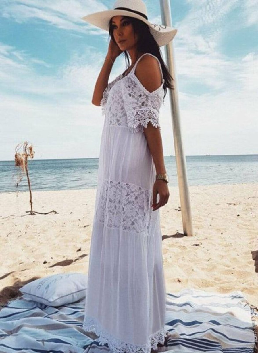 Swim Boho Beach Hut Beach | Boho Beach Hut Boho Lace Open Shoulder Maxi Cover Up Dress White