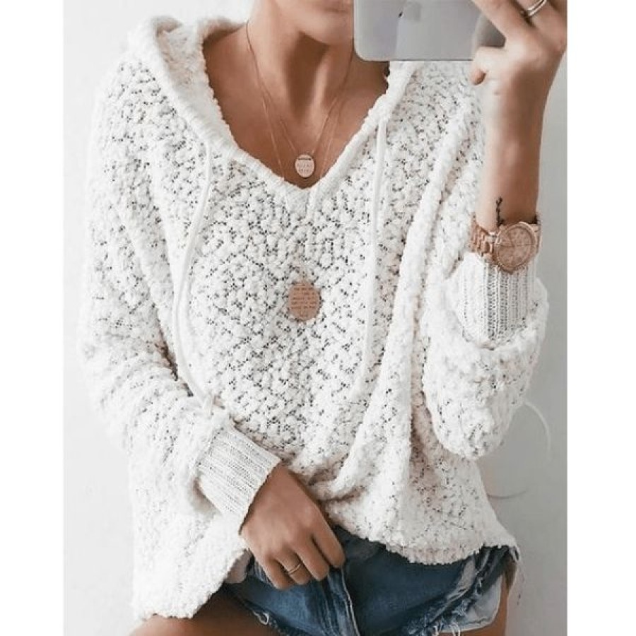 Plus Size Boho Beach Hut Beach | Boho Beach Hut Knit Hooded Sweater Tops White