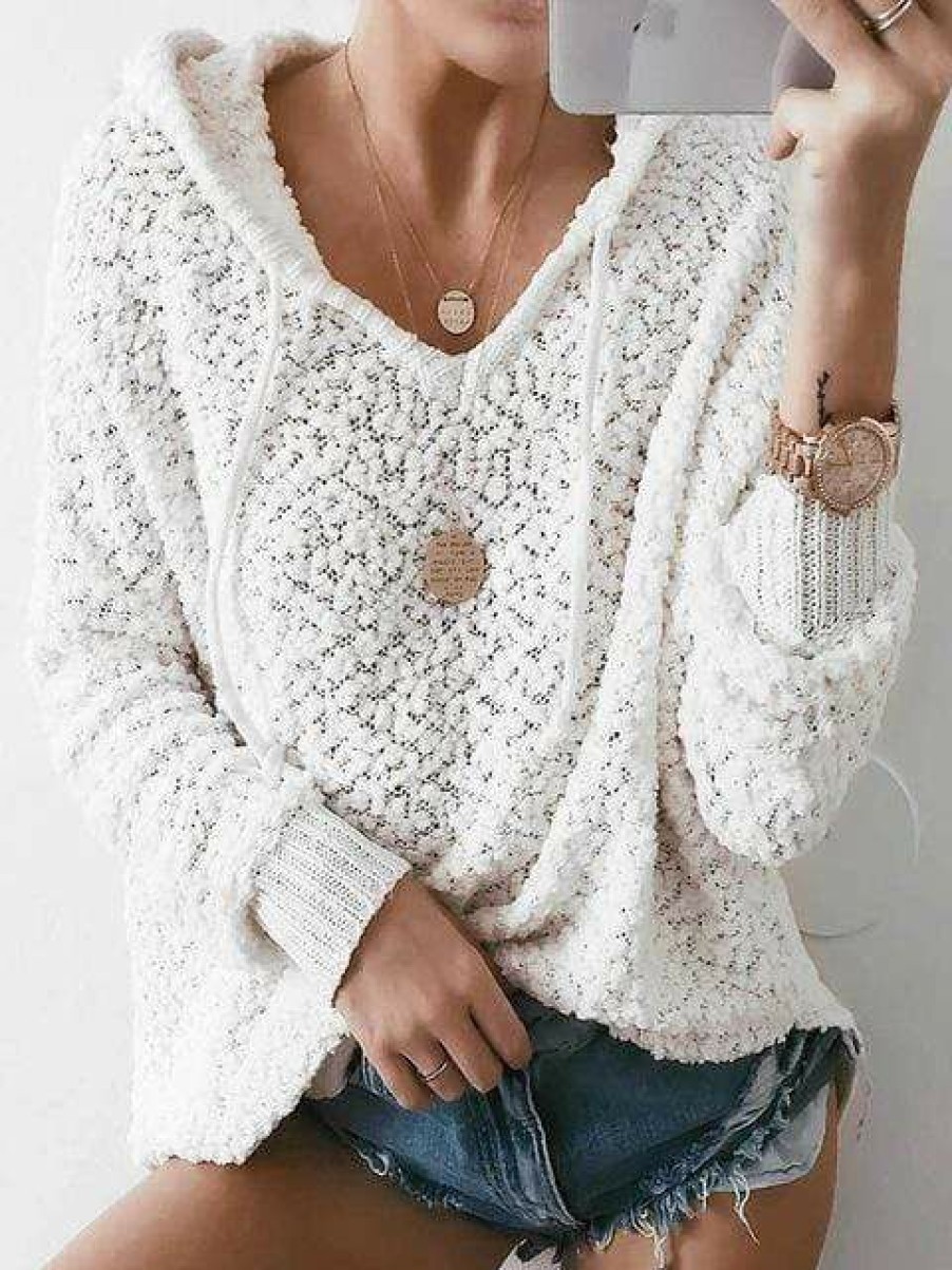 Plus Size Boho Beach Hut Beach | Boho Beach Hut Knit Hooded Sweater Tops White