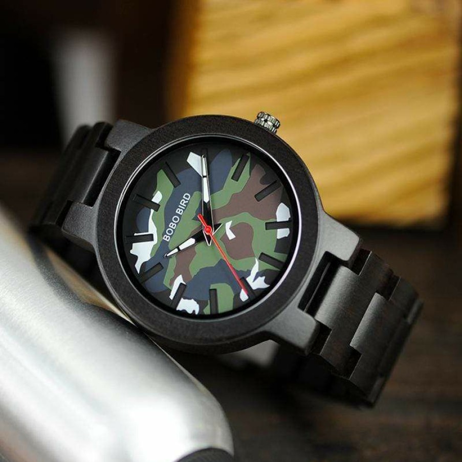 Watches Boho Beach Hut Beach | Boho Beach Hut Bobo Bird Army Green Dial Wooden Quartz Watch Men'S Watches Camo