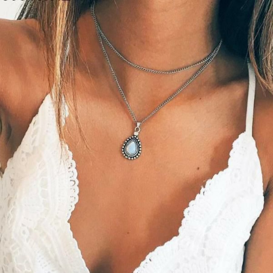 Jewelry Boho Beach Hut Beach | Boho Beach Hut Bohemian Crescent Water Drop Necklace Jewelry Silver