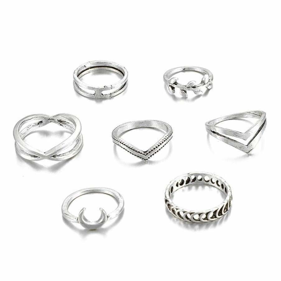 Jewelry Boho Beach Hut Beach | Boho Beach Hut Jewelry 7 Pc Antique Boho Ring Set Silver