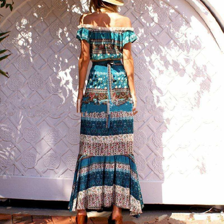 Dresses Boho Beach Hut Beach | Boho Beach Hut Boho Floral Printed 2 Piece Maxi Dress Green