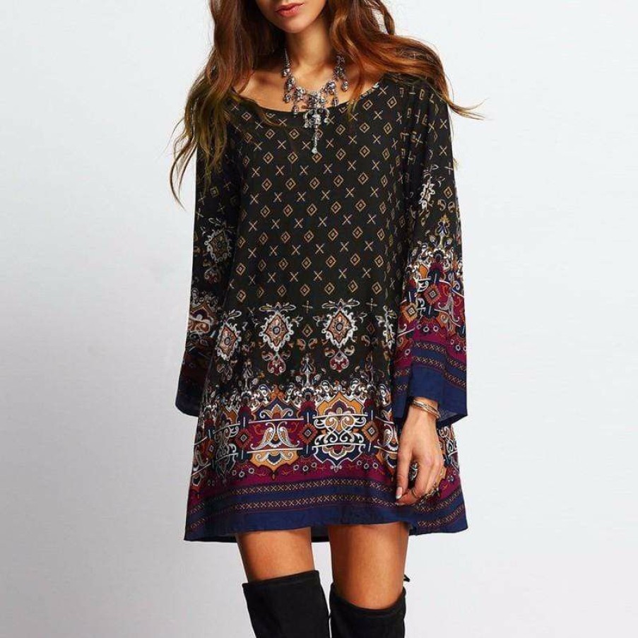 Plus Size Boho Beach Hut Beach | Boho Beach Hut Dresses Boho Long Sleeve Print Dress