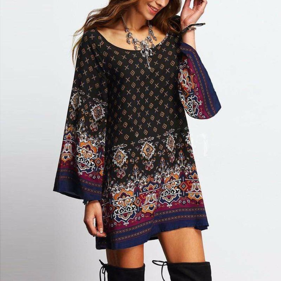 Plus Size Boho Beach Hut Beach | Boho Beach Hut Dresses Boho Long Sleeve Print Dress