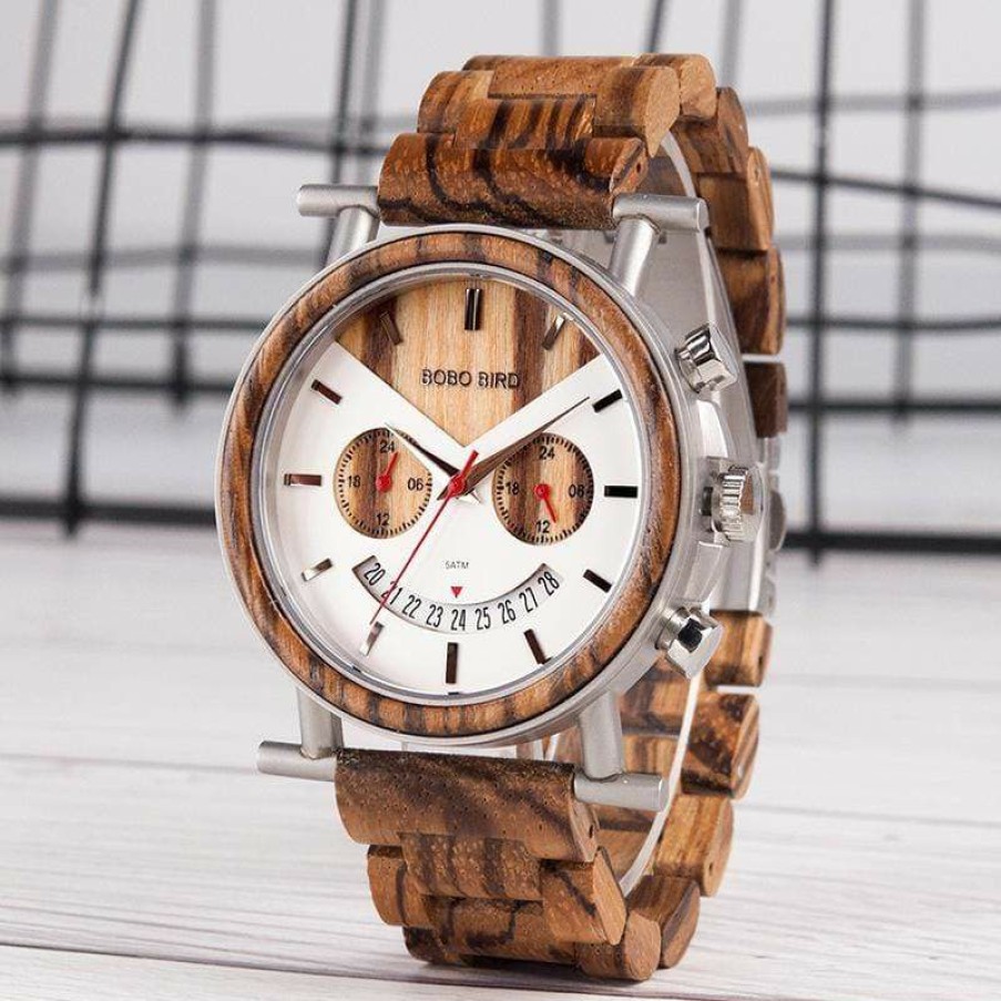 Watches Boho Beach Hut Beach | Boho Beach Hut Bobo Bird Wooden Stainless Steel Waterproof Wristwatch With Date And Multiple Time Zones Zebra Wood