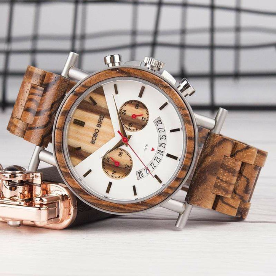 Watches Boho Beach Hut Beach | Boho Beach Hut Bobo Bird Wooden Stainless Steel Waterproof Wristwatch With Date And Multiple Time Zones Zebra Wood