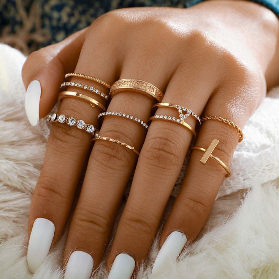 Jewelry Boho Beach Hut Beach | Boho Beach Hut Jewelry Bohemian 8 Piece Ring Set Gold