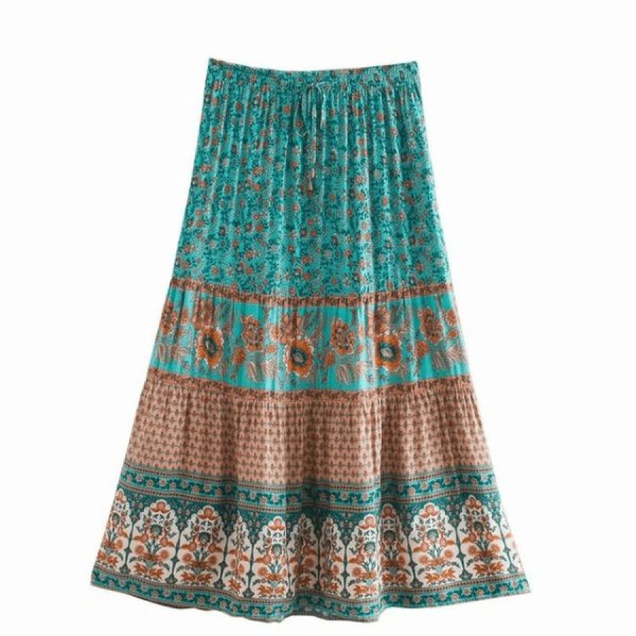 Bottoms Boho Beach Hut Beach | Boho Beach Hut Floral Print Boho Long Skirt Green