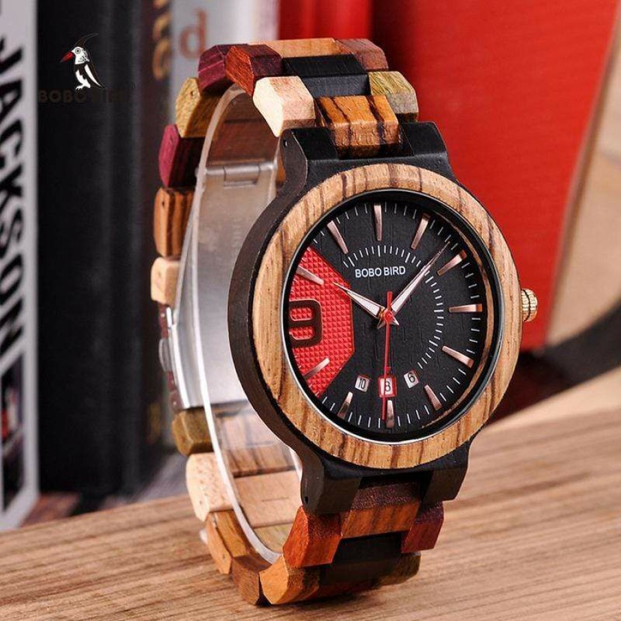 Watches Boho Beach Hut Beach | Boho Beach Hut Bobo Bird Colorful Wooden Watch Date Display Quartz Red