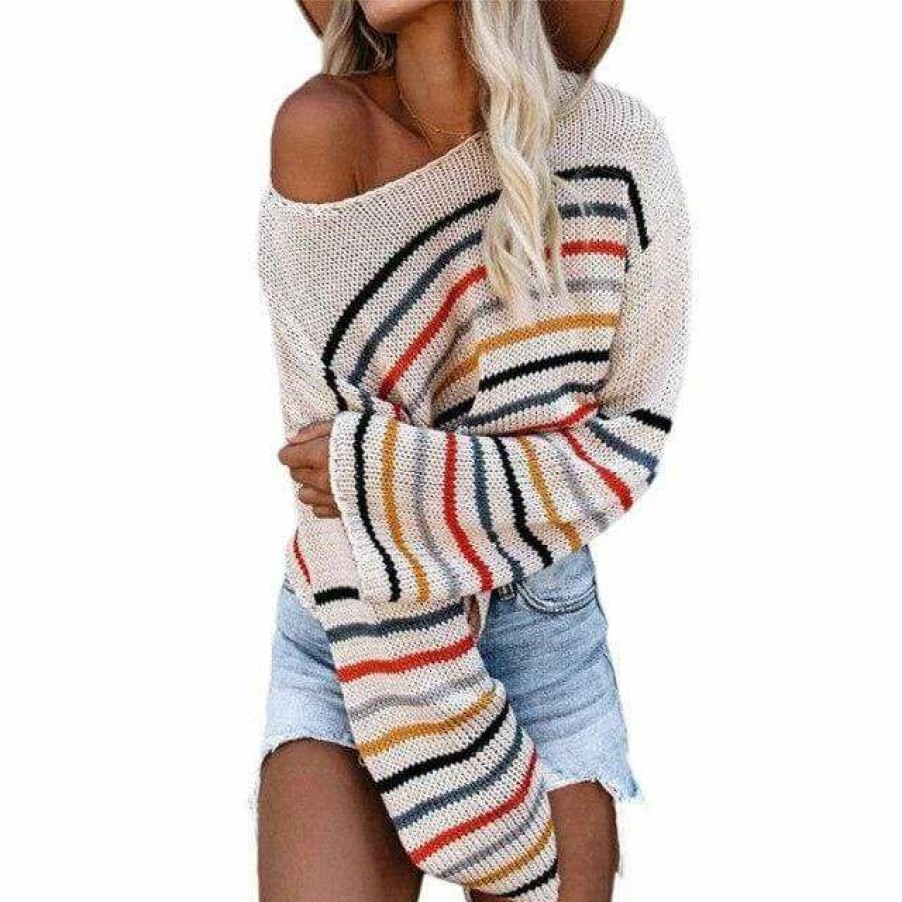 Plus Size Boho Beach Hut Beach | Boho Beach Hut Tops Bohemian Rainbow Striped Sweater