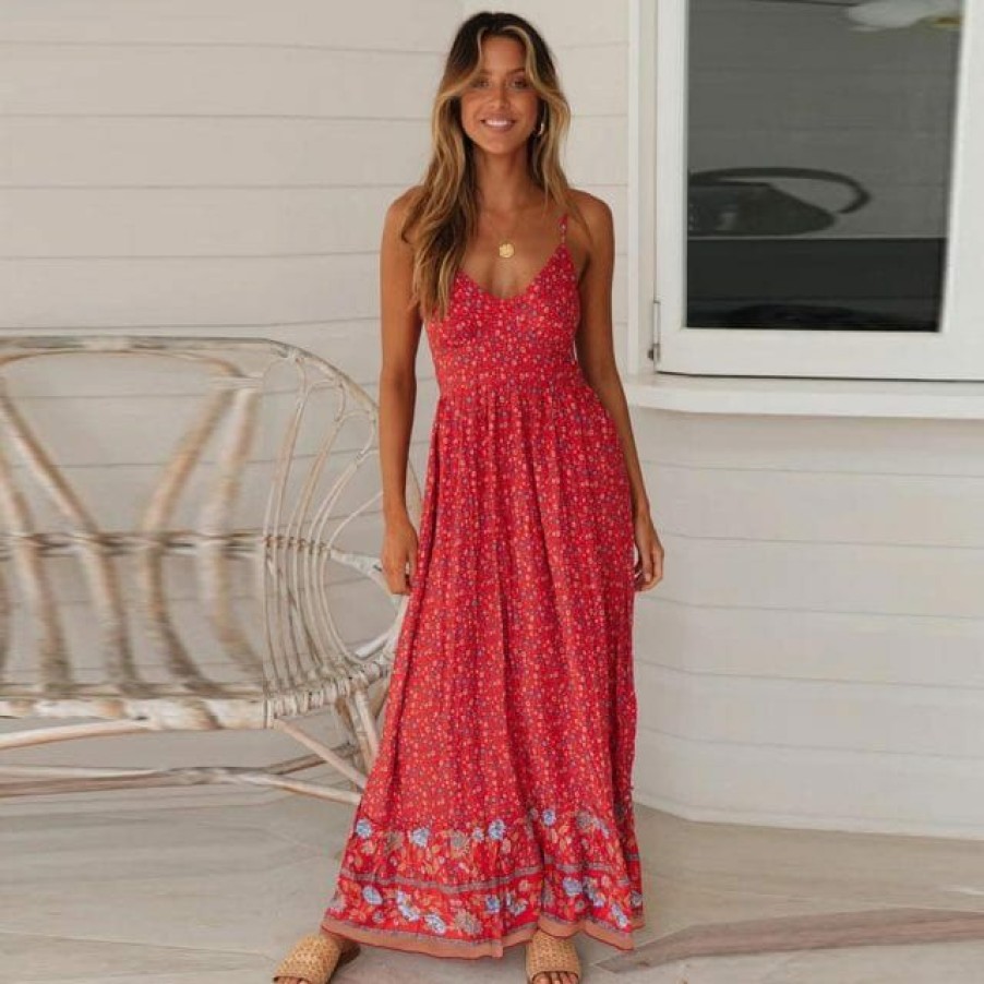 Plus Size Boho Beach Hut Beach | Boho Beach Hut Floral Print Spaghetti Strap Boho Dress