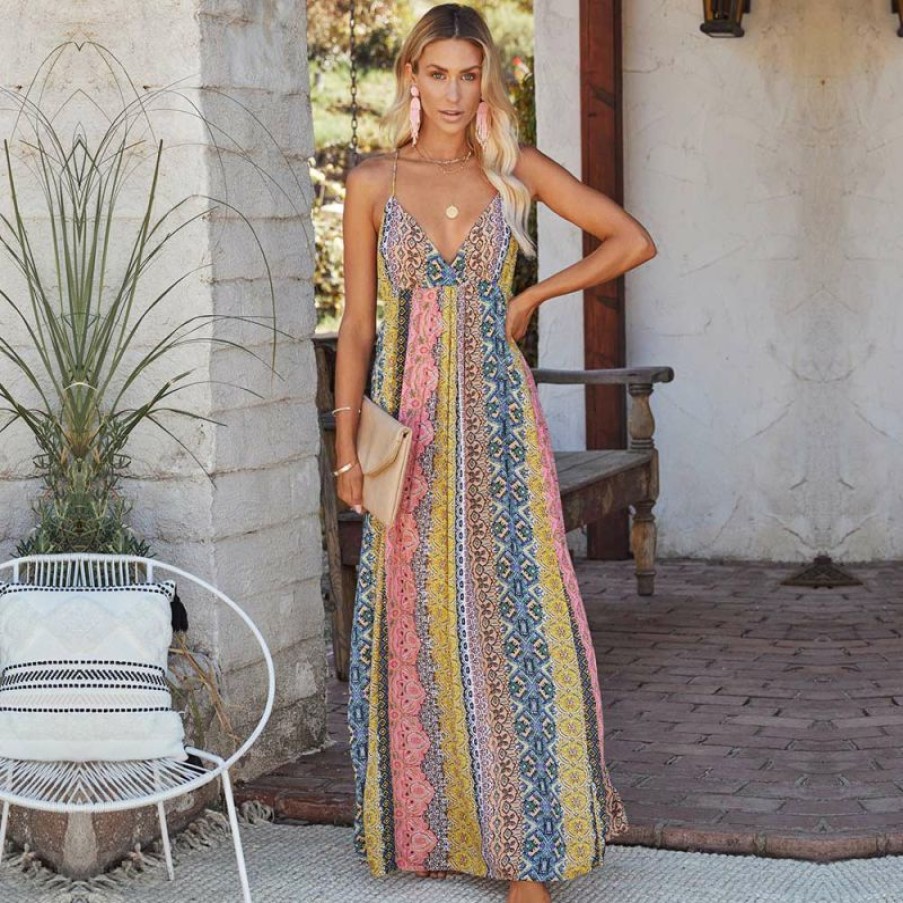 Plus Size Boho Beach Hut Beach | Boho Beach Hut Sexy Deep V Neck Bohemian Print Maxi Dress Pink