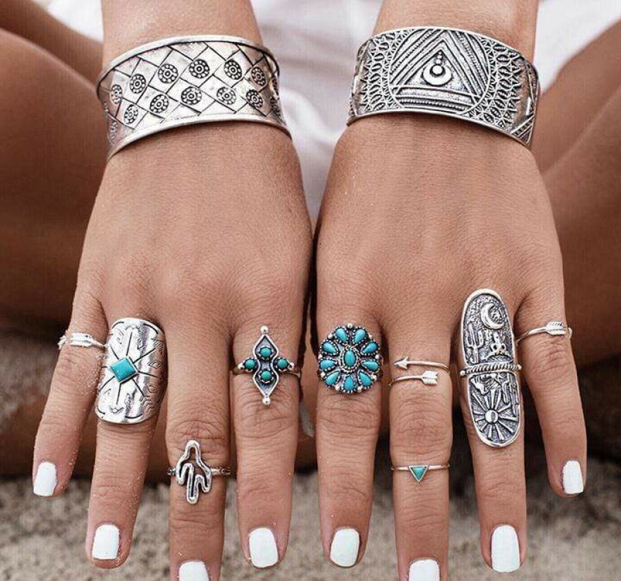 Jewelry Boho Beach Hut Beach | Boho Beach Hut Jewelry Boho Vintage Ring Set Silver