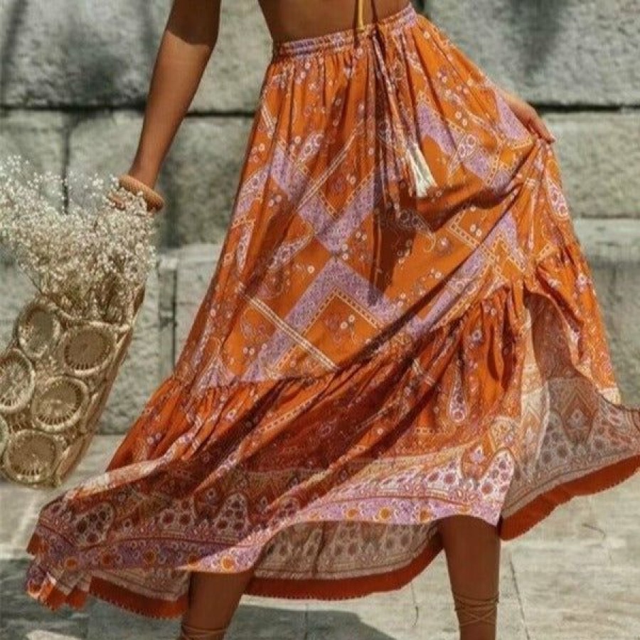 Bottoms Boho Beach Hut Beach | Boho Beach Hut Hippie Floral Print Maxi Skirt Bottoms Orange