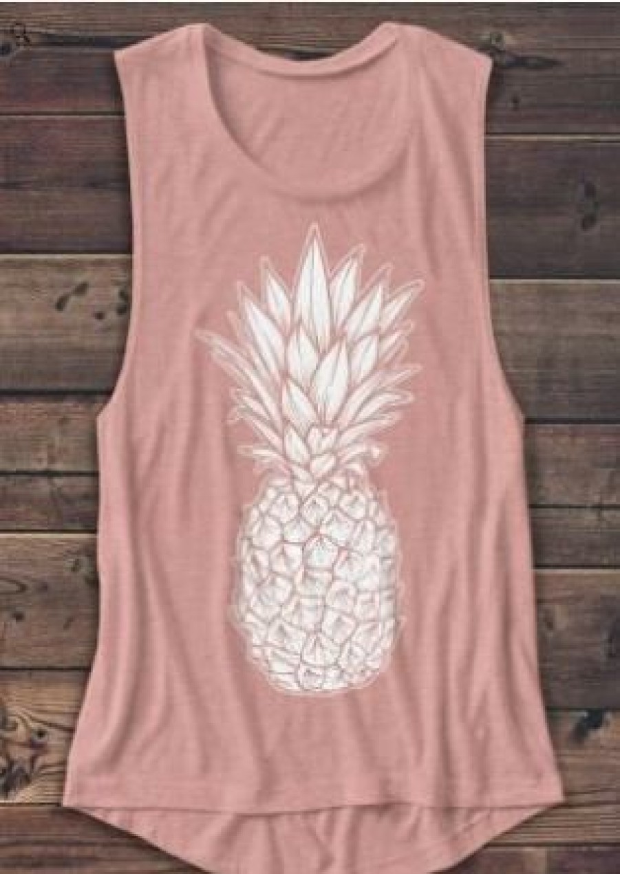 Tops Boho Beach Hut Beach | Boho Beach Hut Pineapple Printed Tank Tops Pink