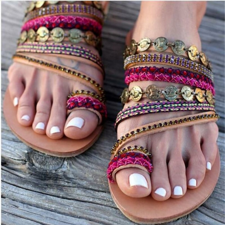 Footwear Boho Beach Hut Beach | Boho Beach Hut Bohemian Colorful Flat Sandals Footwear Beige