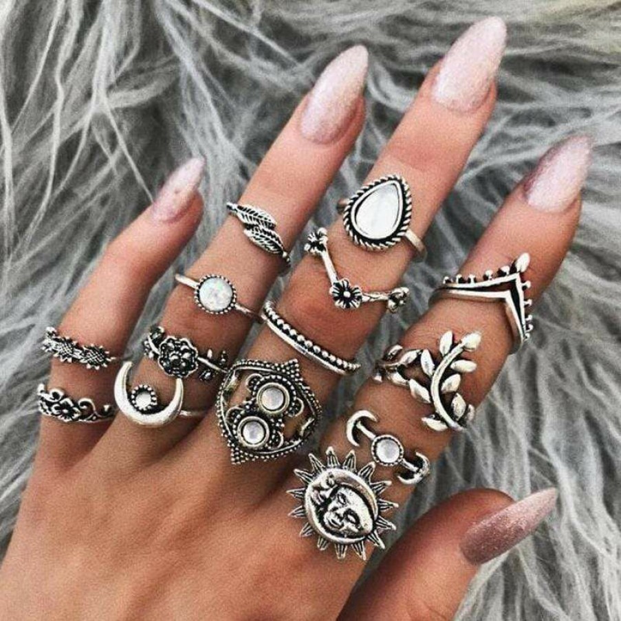 Jewelry Boho Beach Hut Beach | Boho Beach Hut Boho Vintage 14Pc Ring Set Silver