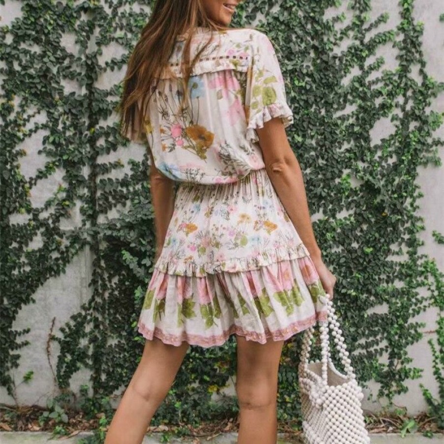 Dresses Boho Beach Hut Beach | Boho Beach Hut Boho Floral Print Ruffles Dress Dresses Pink