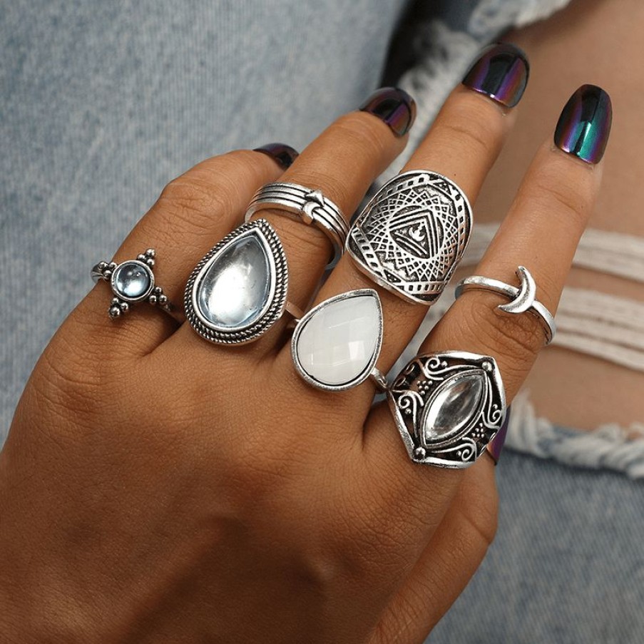 Jewelry Boho Beach Hut Beach | Boho Beach Hut Jewelry 7Pc Vintage Ring Set Silver