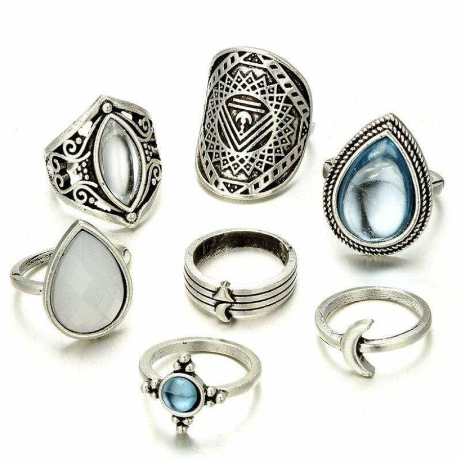 Jewelry Boho Beach Hut Beach | Boho Beach Hut Jewelry 7Pc Vintage Ring Set Silver