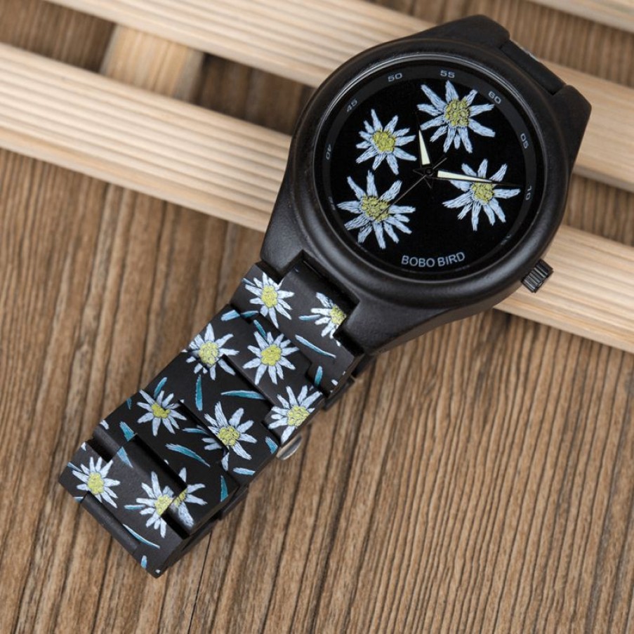 Watches Boho Beach Hut Beach | Boho Beach Hut Bobo Bird Bamboo Wooden Watch Flower Design Women'S Watches Natural