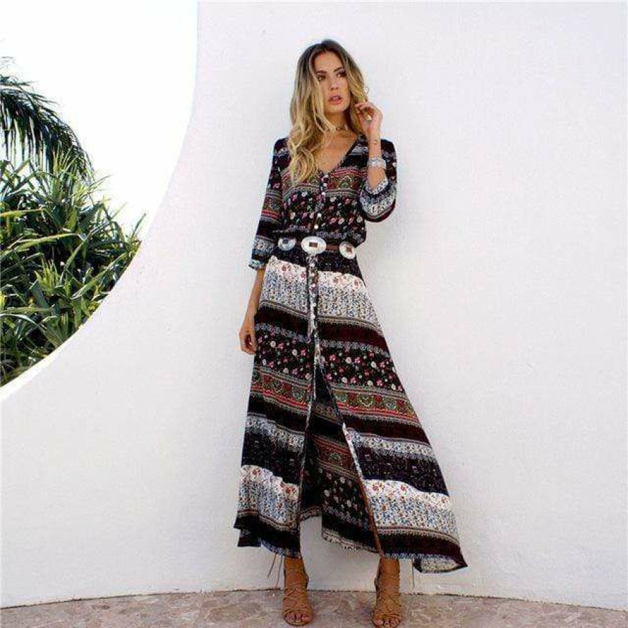 Plus Size Boho Beach Hut Beach | Boho Beach Hut Dresses Vintage Print Maxi Dress Brown