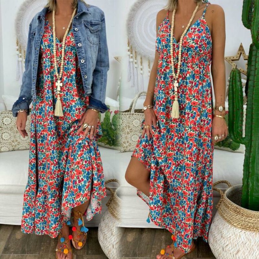 Plus Size Boho Beach Hut Beach | Boho Beach Hut Dresses Sleeveless Vintage Floral Maxi Dress