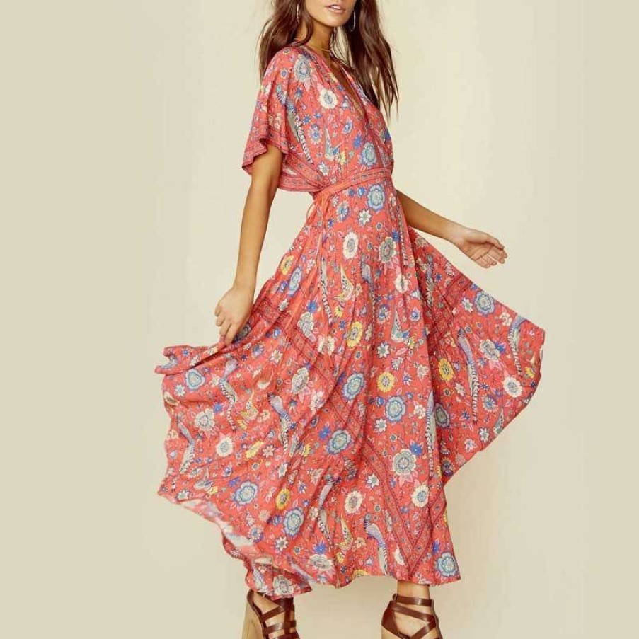 Dresses Boho Beach Hut Beach | Boho Beach Hut Boho Long Flower Dress Red