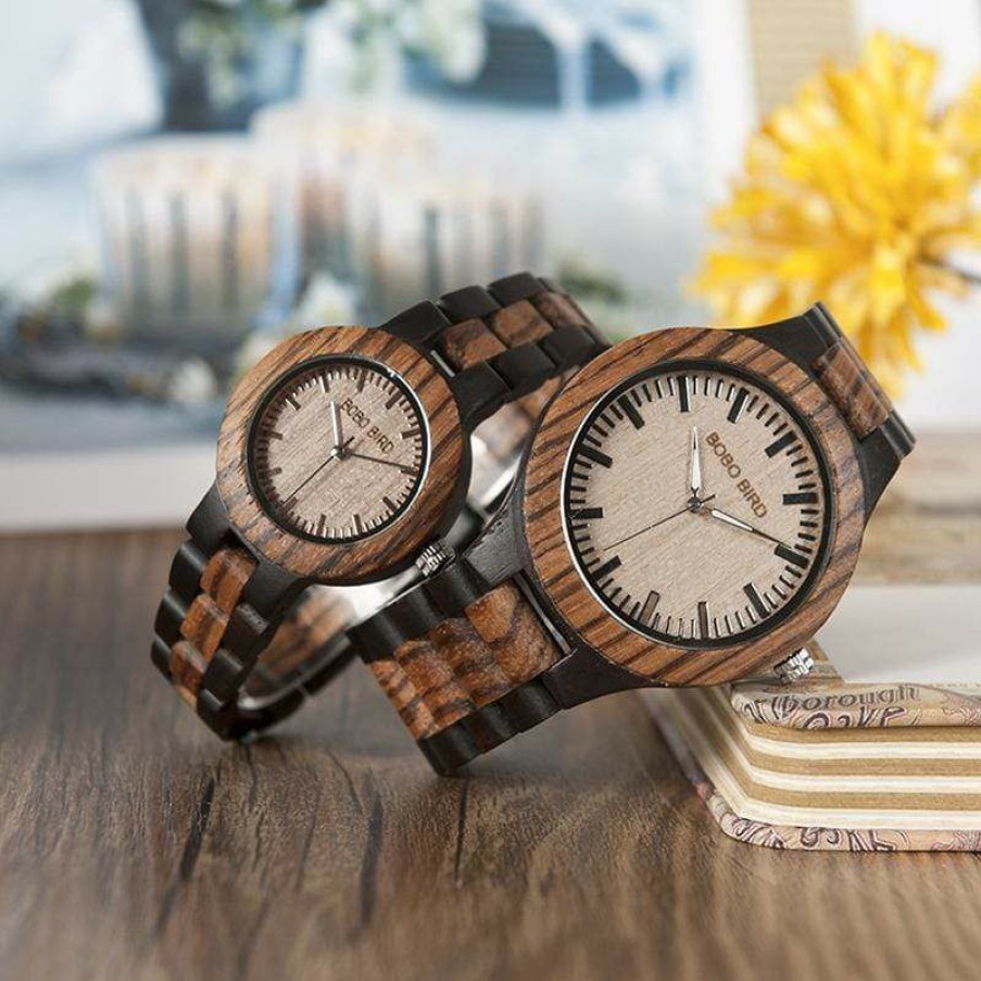 Watches Boho Beach Hut Beach | Boho Beach Hut Bobo Bird Zebra Ebony Wooden Watches Two-Tone Quartz Lovers Women'S Watches Brown