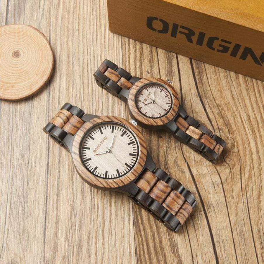 Watches Boho Beach Hut Beach | Boho Beach Hut Bobo Bird Zebra Ebony Wooden Watches Two-Tone Quartz Lovers Women'S Watches Brown