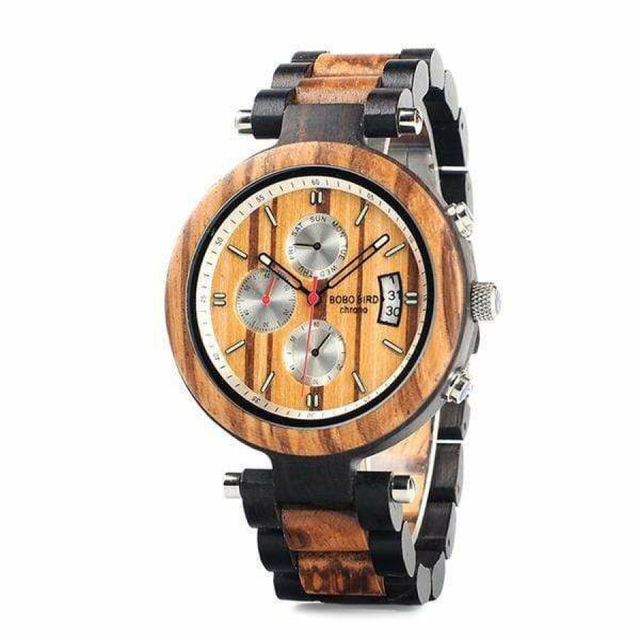 Watches Boho Beach Hut Beach | Boho Beach Hut Bobo Bird Multi-Function Ebony Wooden Watch Wood Grain