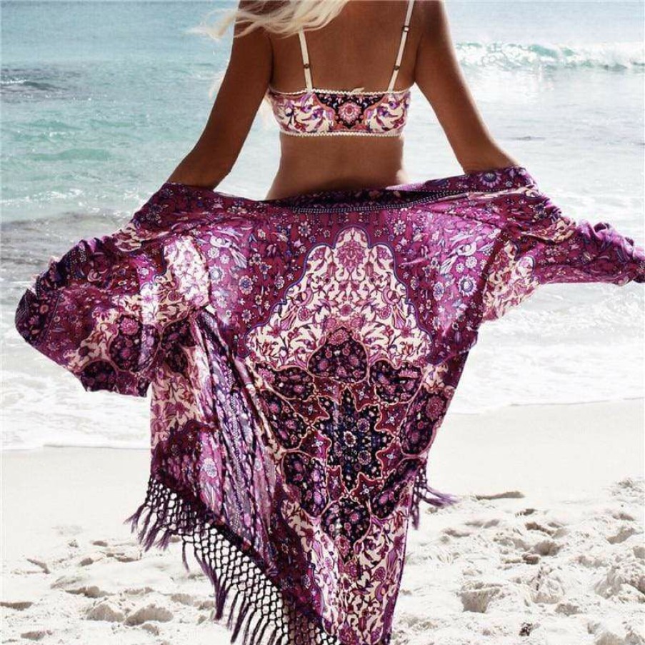 Plus Size Boho Beach Hut Beach | Boho Beach Hut Tops Beach Floral Print Cover Up Kimono Purple