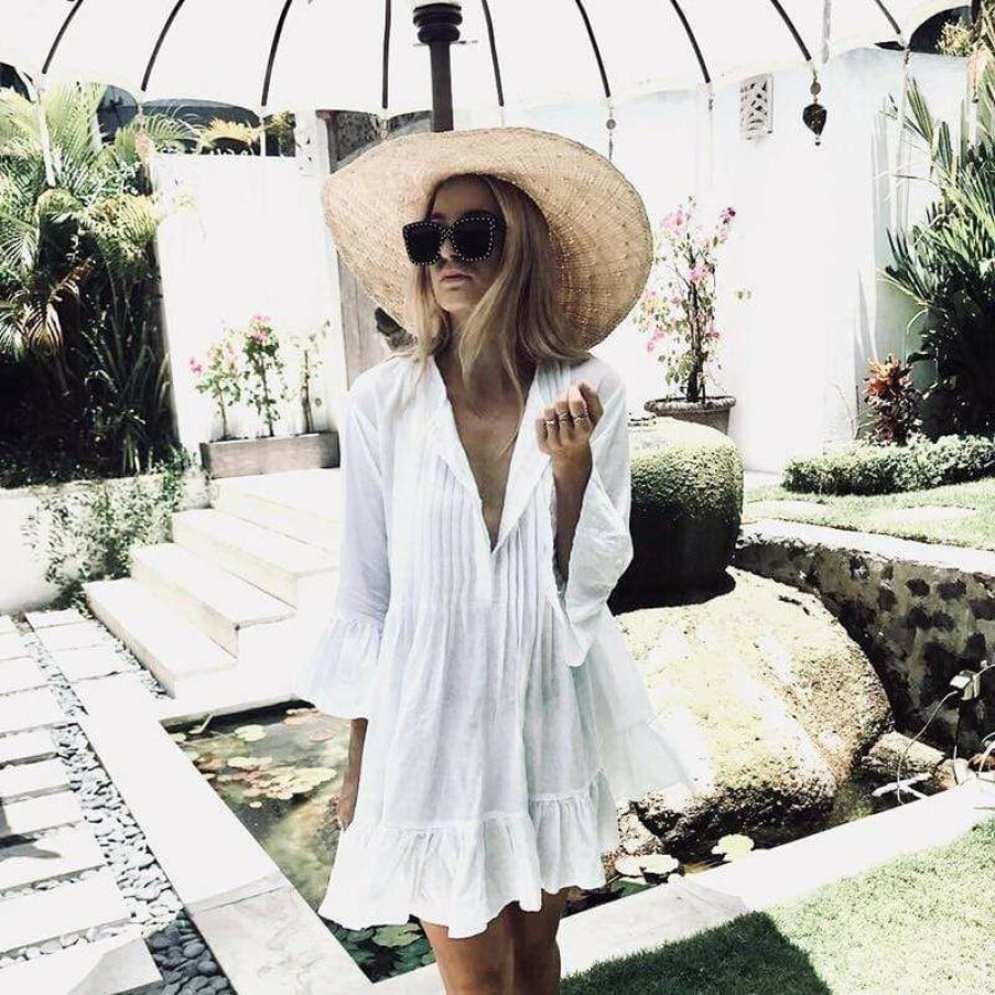 Plus Size Boho Beach Hut Beach | Boho Beach Hut Swim Pleated Flare Sleeve Cover Up White