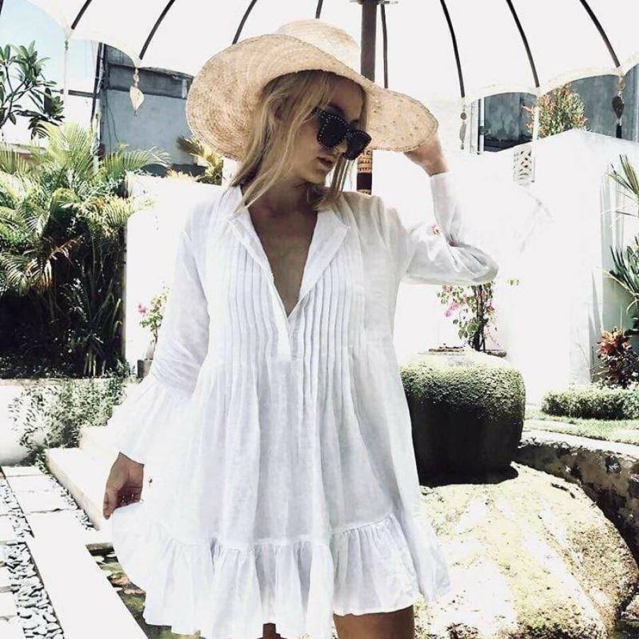 Plus Size Boho Beach Hut Beach | Boho Beach Hut Swim Pleated Flare Sleeve Cover Up White