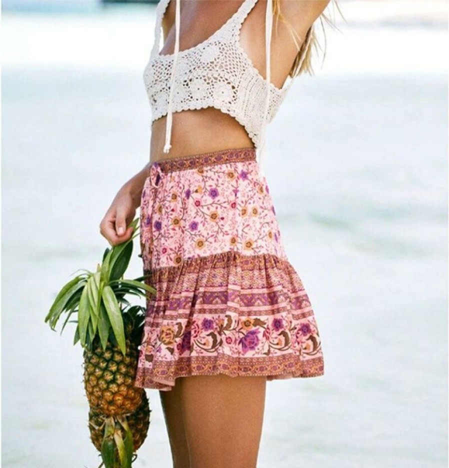 Plus Size Boho Beach Hut Beach | Boho Beach Hut Boho Vintage Floral Print Mini Skirt Bottoms Pink