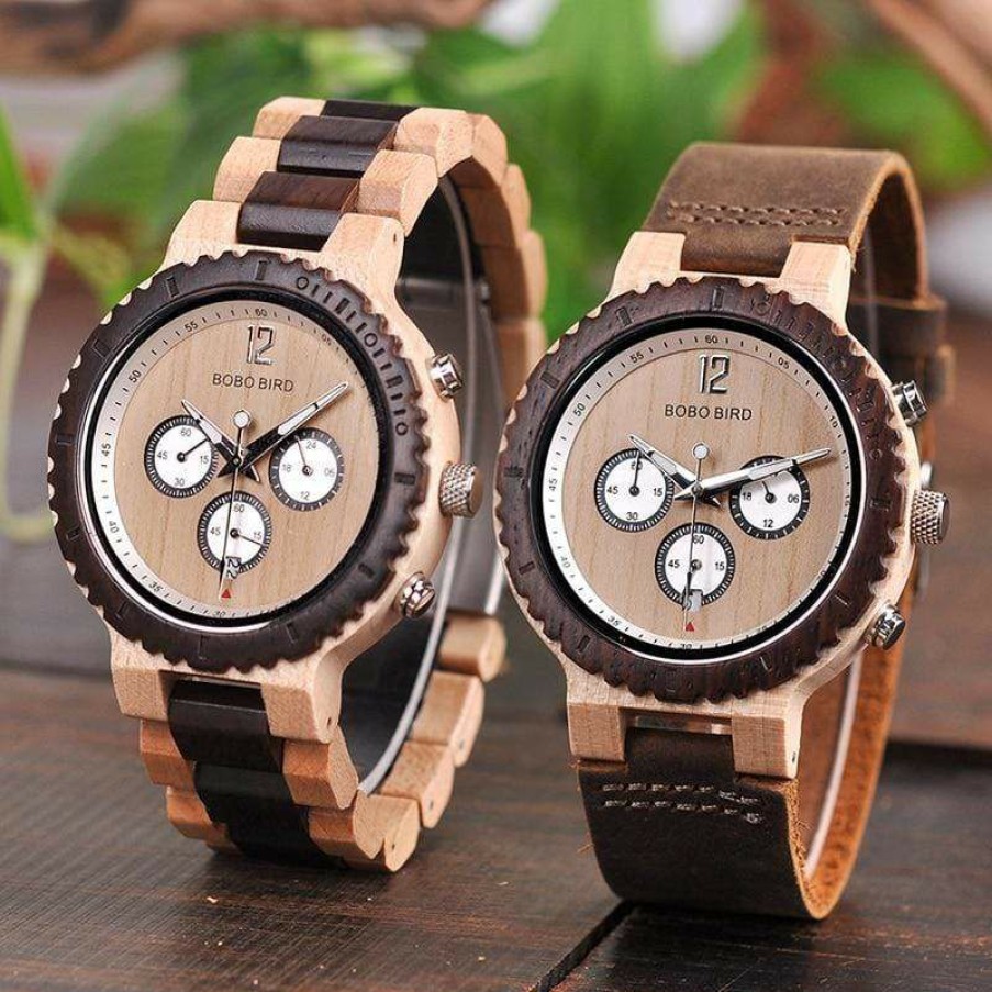 Watches Boho Beach Hut Beach | Boho Beach Hut Men'S Watches Bobo Bird Two-Tone Wooden Watch With Date Display