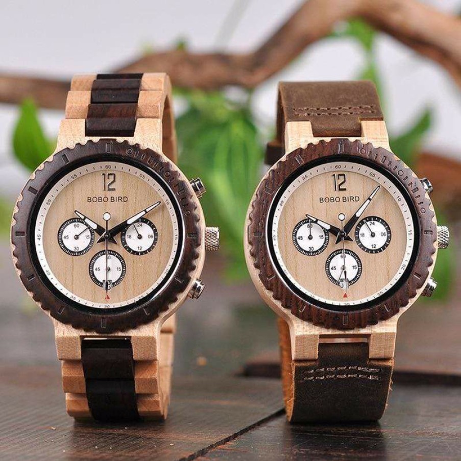 Watches Boho Beach Hut Beach | Boho Beach Hut Men'S Watches Bobo Bird Two-Tone Wooden Watch With Date Display