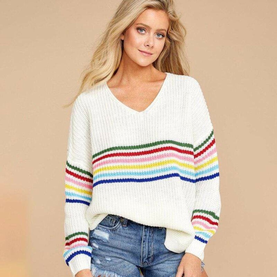 Plus Size Boho Beach Hut Beach | Boho Beach Hut Tops Boho Rainbow Striped Pullover Sweater