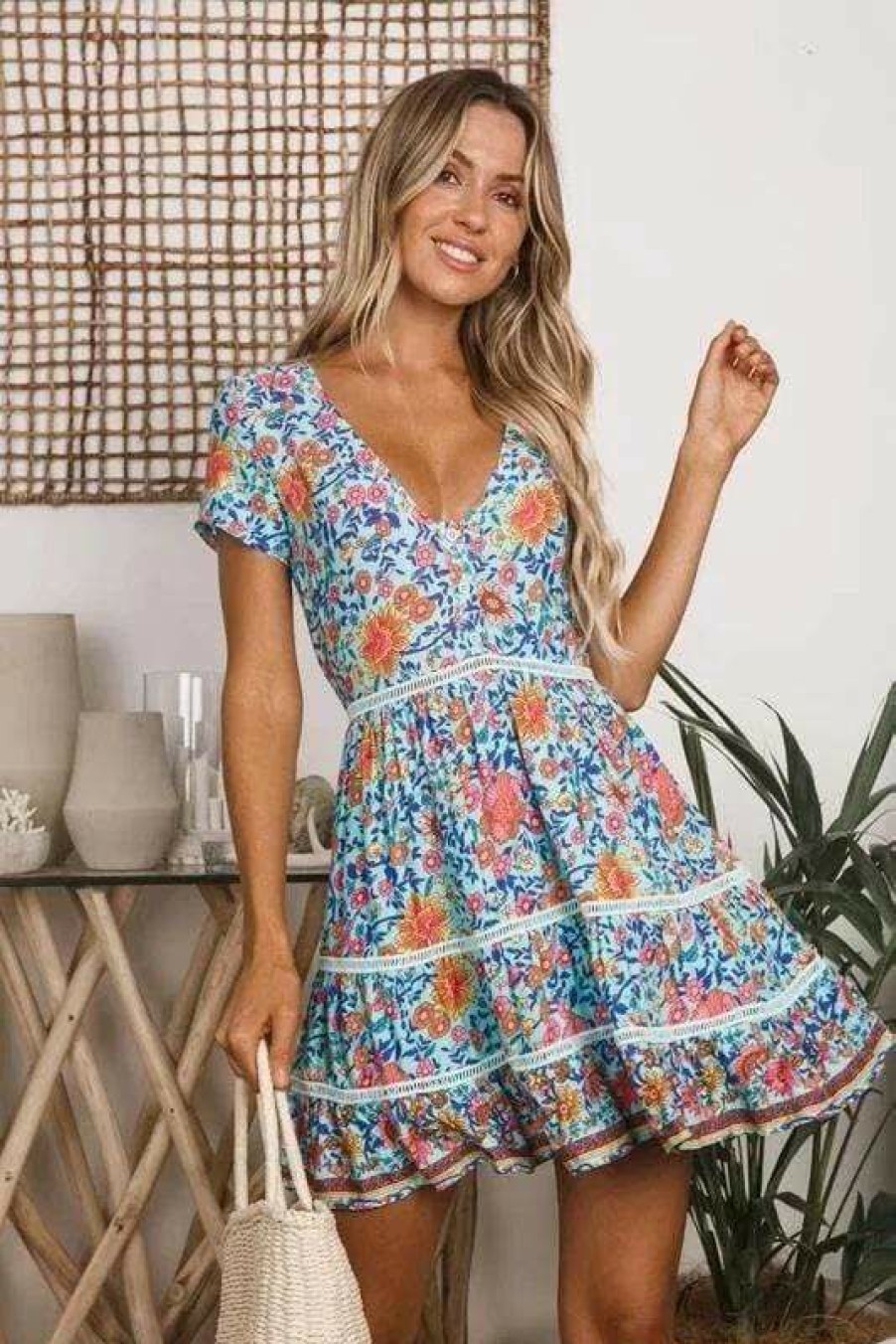 Dresses Boho Beach Hut Beach | Boho Beach Hut Boho V Neck Mini Dress Green