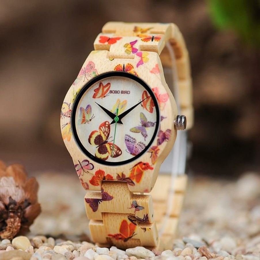 Watches Boho Beach Hut Beach | Boho Beach Hut Bobo Bird Print Bamboo Wooden Watch Women'S Watches Butterfly