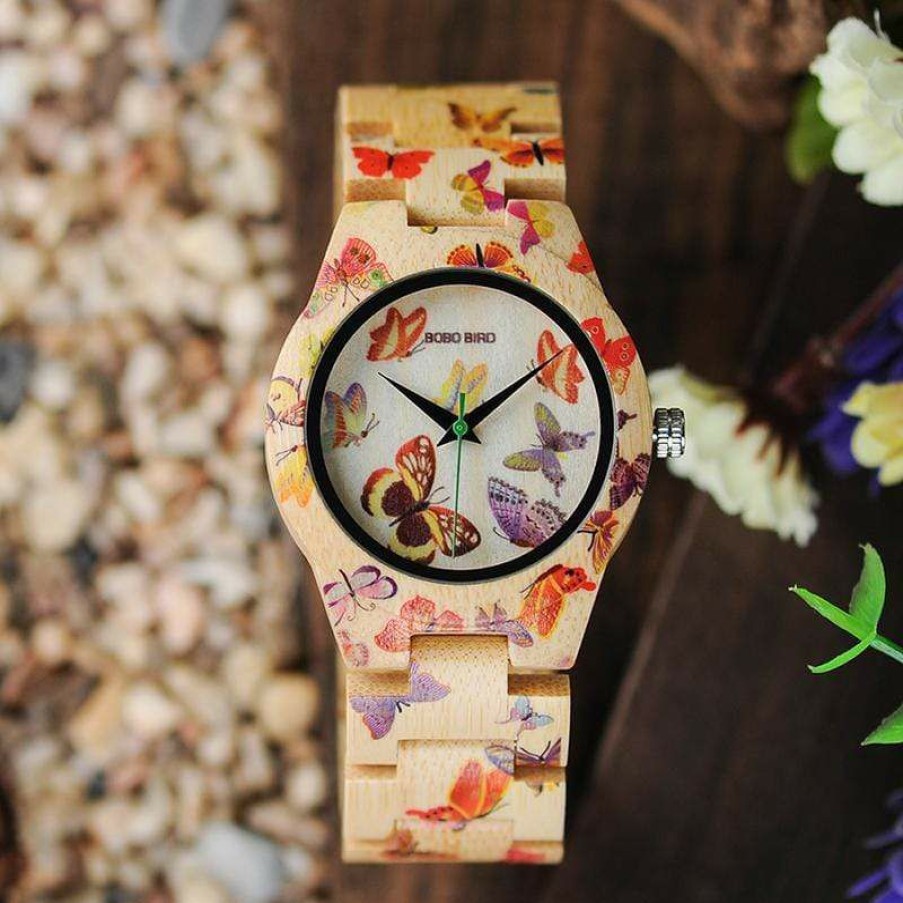 Watches Boho Beach Hut Beach | Boho Beach Hut Bobo Bird Print Bamboo Wooden Watch Women'S Watches Butterfly