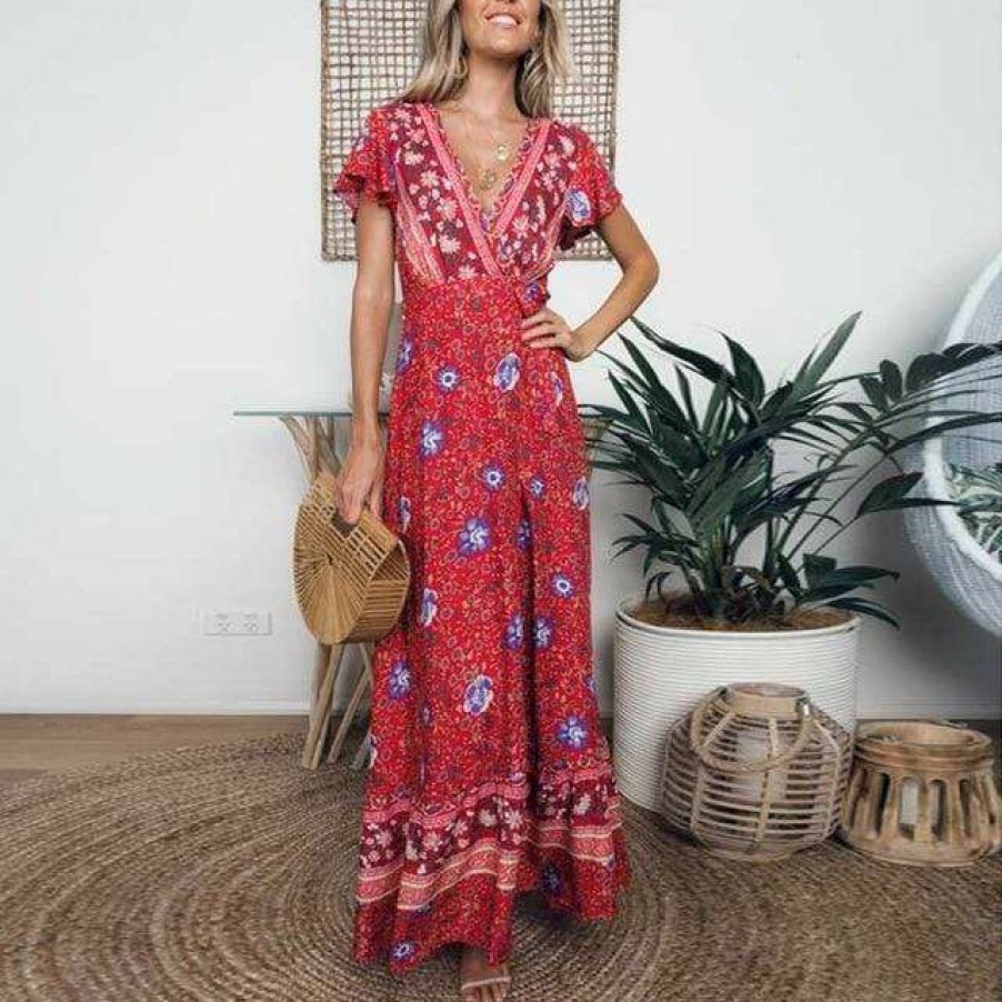 Plus Size Boho Beach Hut Beach | Boho Beach Hut Boho V-Neck Wrap Dress Red