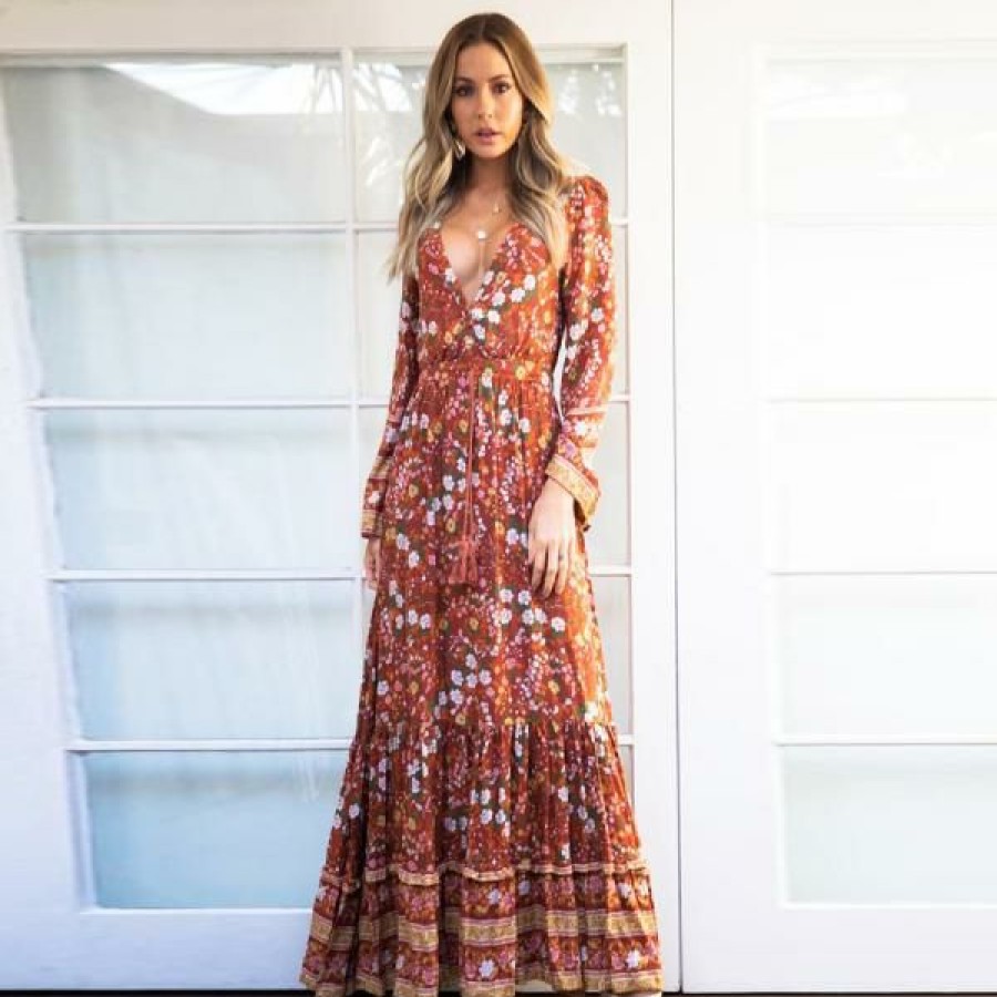 Dresses Boho Beach Hut Beach | Boho Beach Hut Bohemian Floral Print Maxi Dress Dresses Orange