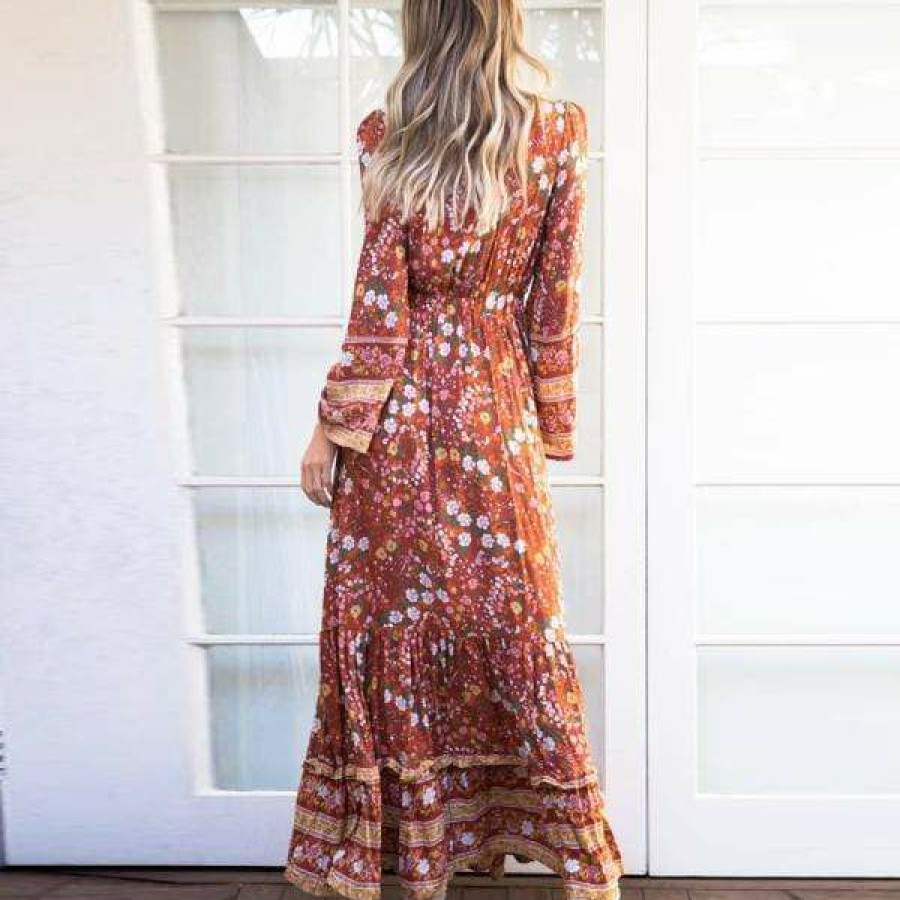 Dresses Boho Beach Hut Beach | Boho Beach Hut Bohemian Floral Print Maxi Dress Dresses Orange