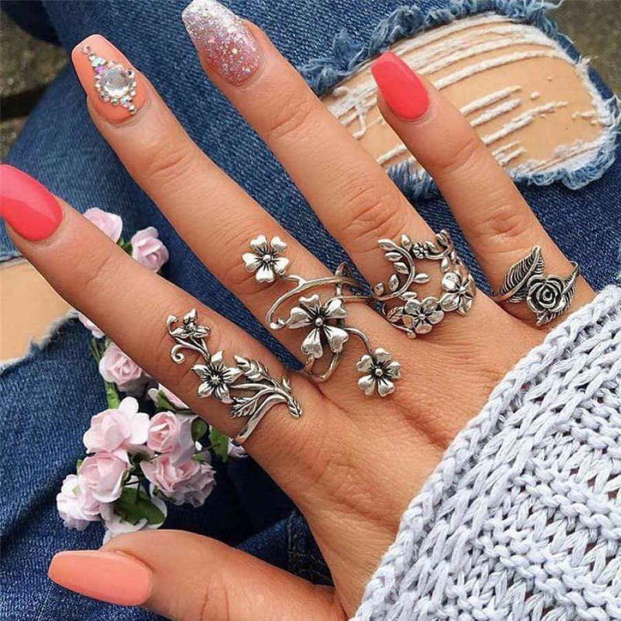 Jewelry Boho Beach Hut Beach | Boho Beach Hut Vintage Antique Ring Set Silver