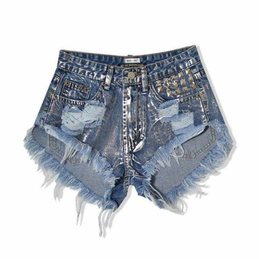 Bottoms Boho Beach Hut Beach | Boho Beach Hut Boyfriend Style Shorts With Rivets Denim