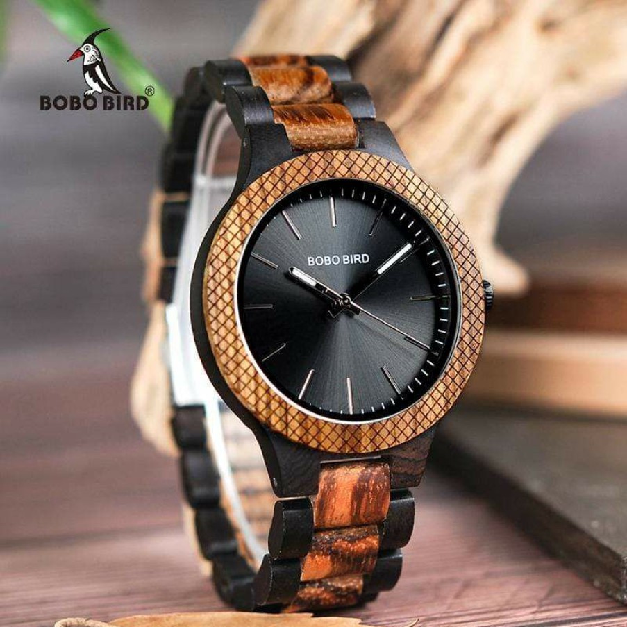 Watches Boho Beach Hut Beach | Boho Beach Hut Men'S Watches Bobo Bird Two-Tone Ebony Zebra Wooden Watch Black